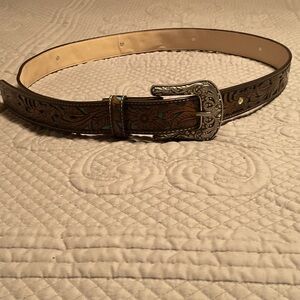 Brown Embossed Western Style Leather Belt with Silver Buckle